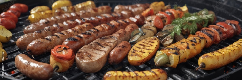 Grilled vegetables and sausages on a black BBQ , bbq grill, grill marks, summer Grilled vegetables and sausages on a black BBQ , bbq grill, grill marks, summer