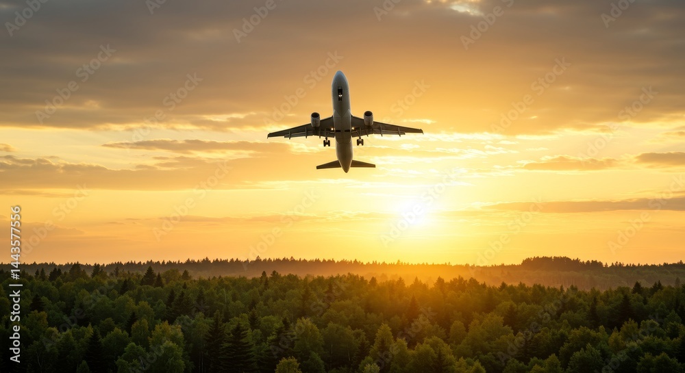 Naklejka premium Airplane Sunset Flight - Airplane descending during a vibrant sunset over a vast forest. Peaceful travel and journey concept
