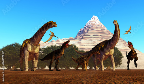 Tyrannotitan Attacks Argentinosaurus Herd - Two Tyrannotitan theropod dinosaurs attack Argentinosaurus sauropods trying to keep there offspring safe.