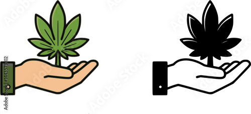 Marijuana in the hand. Icon product label and logo graphic template. Isolated vector illustration on white background.
