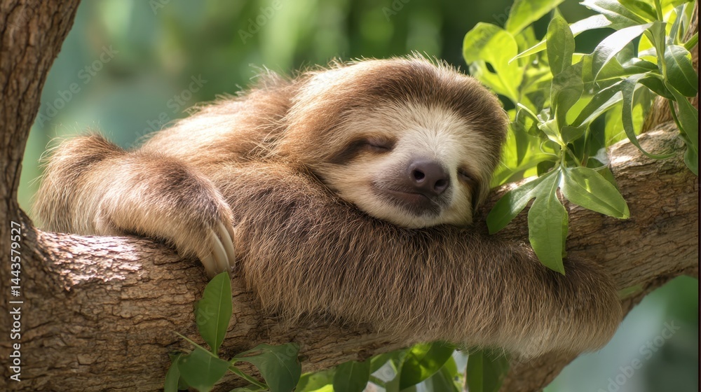 Fototapeta premium Sleeping Sloth on Branch: Peaceful Wildlife Portrait