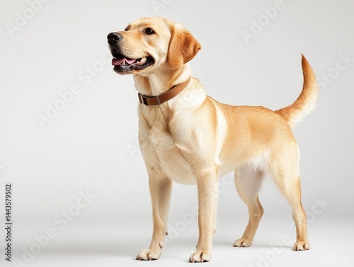 Golden Retriever standing, looking upward against a plain background photo