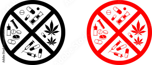 No drugs allowed. Drugs, marijuana leaf with forbidden sign - no drug. Drugs icon in prohibition red circle. Anti drugs. Just say no. Isolated vector illustration on white background.