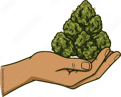 Marijuana in the hand. Icon product label and logo graphic template. Isolated vector illustration on white background.

