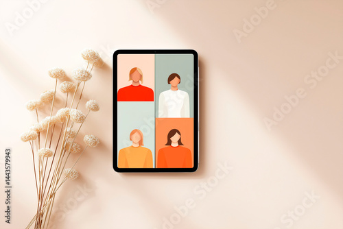 Tablet displaying stylized video call with four abstract avatars on a pastel background beside dried flowers