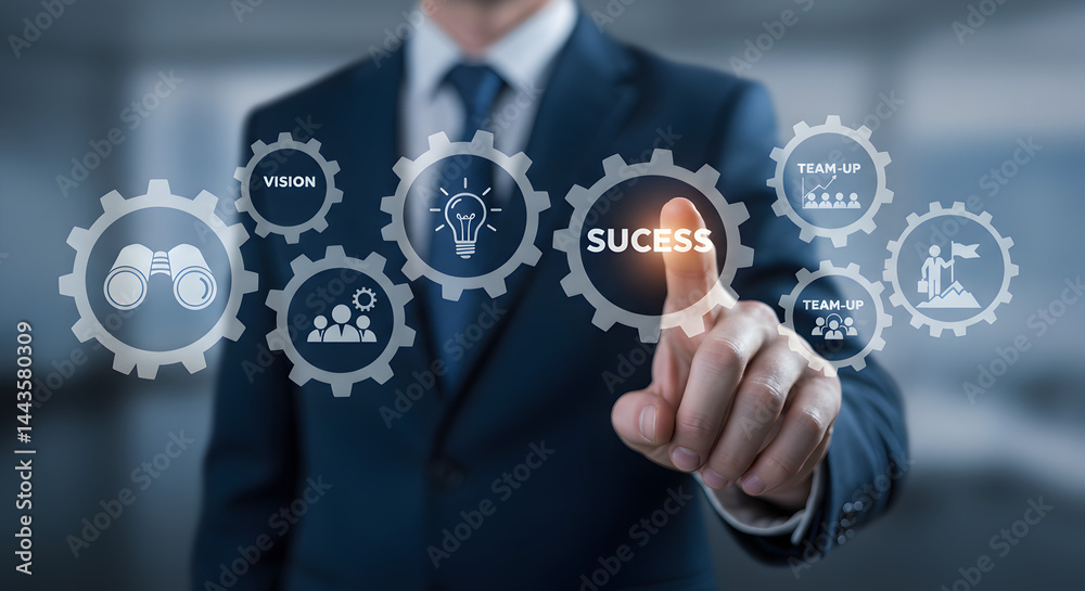 Man in Blue Suit Interacting with Virtual Gear Mechanism Displaying Business Success Icons and Strategies Man in Blue Suit Interacting with Virtual Gear Mechanism Displaying Business Success Icons and Strategies