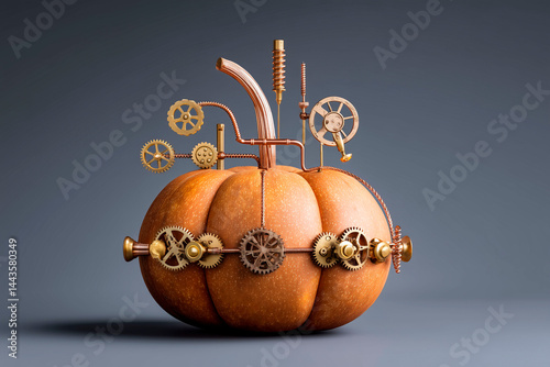 Pumpkin transformed into a steampunk machine with brass gears, pipes and mechanical parts against a dark background