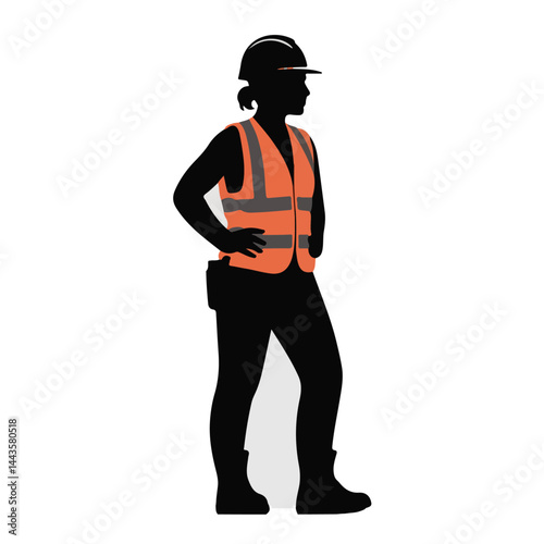 Black Silhouette of Woman Construction Worker with Thick Outline, Side View Isolated on White Background

