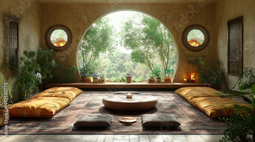 Peaceful bohemian-style interior with floor cushions, round window, and earthy decor, offering a cozy space for relaxation and meditation.
