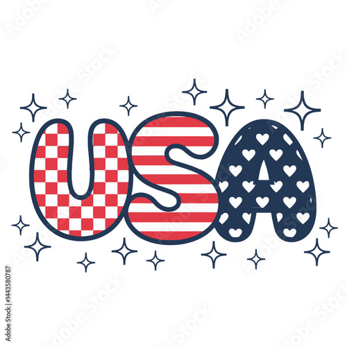The letters USA are stylized with a patriotic theme, featuring red and white checkered patterns, stripes, and heart shapes.