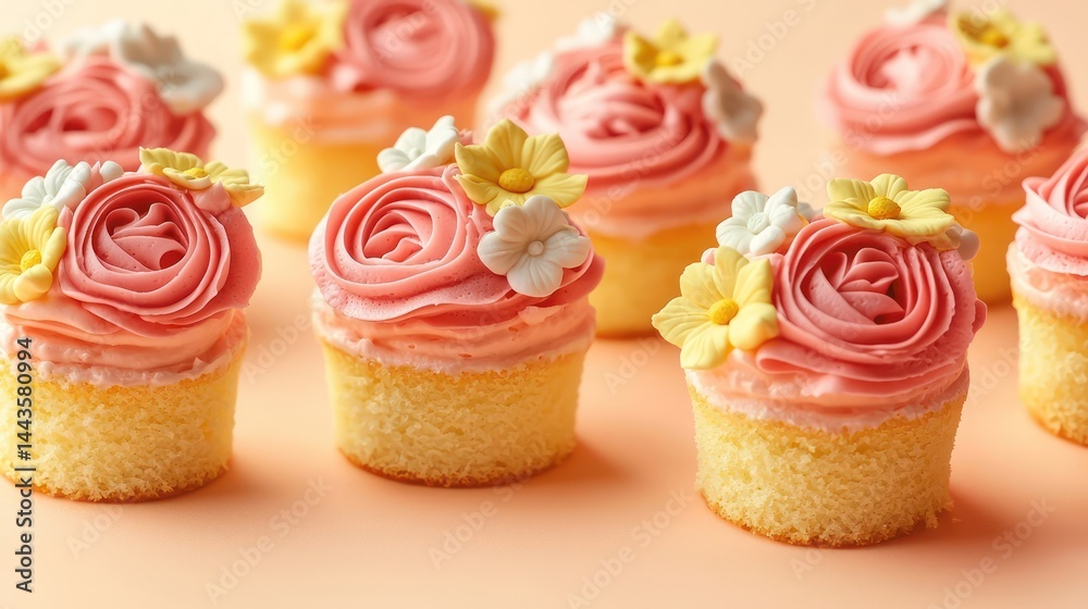 Mini cakes topped with intricate buttercream roses and daisies in pink and yellow hues, placed on a sunny peach background.