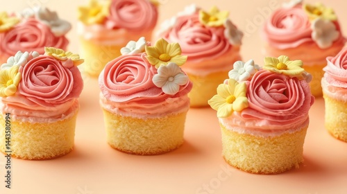 Obraz na płótnie Mini cakes topped with intricate buttercream roses and daisies in pink and yellow hues, placed on a sunny peach background. w salonie