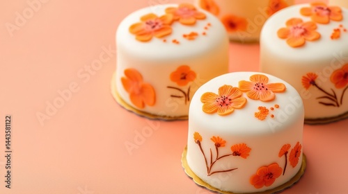 Obraz na płótnie Mini cakes with orange floral motifs on a bright peach background. w salonie