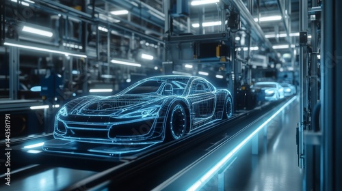 Wallpaper Mural Futuristic car assembly line; wireframe vehicle on conveyor belt in modern factory. Torontodigital.ca