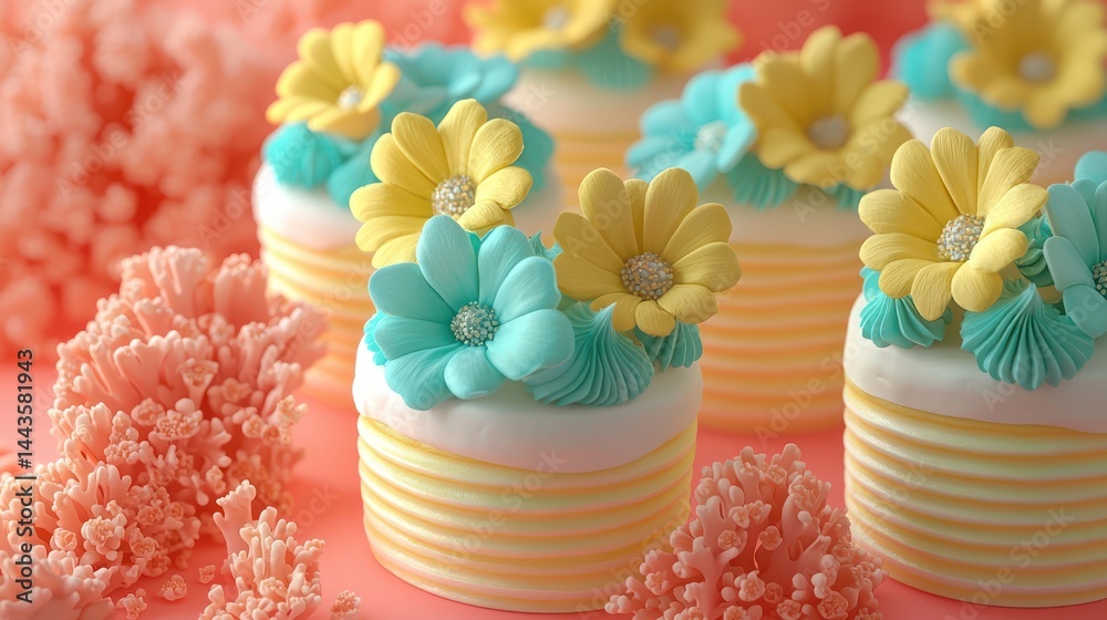 Mini cakes with yellow and teal flowers on a coral background.