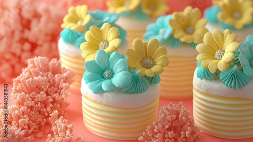 Obraz na płótnie Mini cakes with yellow and teal flowers on a coral background. w salonie