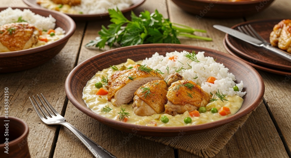 Creamy Chicken with Rice and Vegetables - Delicious chicken pieces in a creamy sauce, served with fluffy white rice and mixed vegetables. A comforting and flavorful meal Creamy Chicken with Rice and Vegetables - Delicious chicken pieces in a creamy sauce, served with fluffy white rice and mixed vegetables. A comforting and flavorful meal