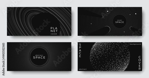 Set of abstract space astronomy horizontal backgrounds. Linear simple galaxy, planet, black hole. Black and white science future concept. Futuristic minimal design for cover, poster, banner, flyer