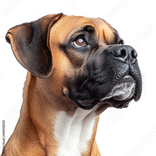 Boxer dog is lying down and looking forward on a white background.