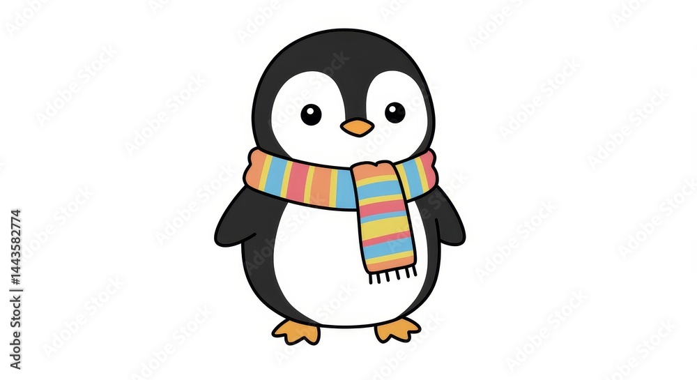 Fototapeta premium Cute Penguin Minimalist - Adorable cartoon penguin wearing a colorful scarf, symbolizing winter, warmth, cuteness, friendship, and happiness. Perfect for children's books or winter-themed designs