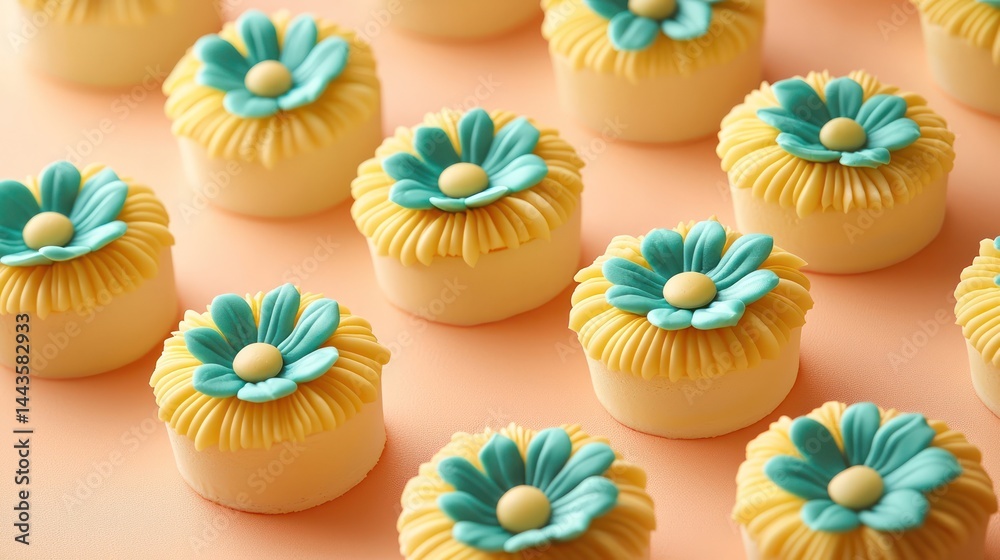 Mini flower-inspired cakes with vibrant yellow and teal petals, arranged in a delightful pattern on a peach backdrop.