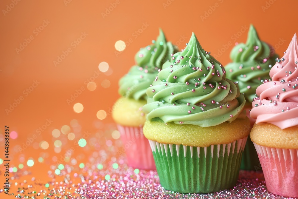 Playful cupcakes frosted in lime green and pink tones, surrounded by colorful sparkles on a vibrant orange background.