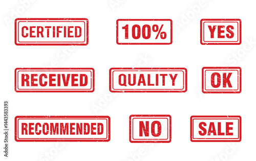 Red stamp grunge words sale, certified, received, quality, yes, 100%, recommended. set of rubber stamps