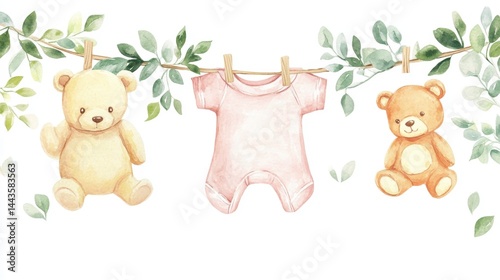 Watercolor illustration of baby girl's clothes hanging on a clothesline with teddy bears and leaves.