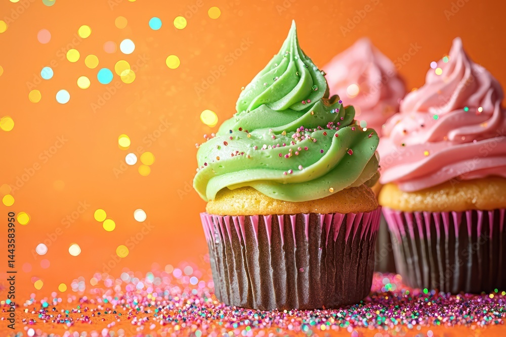 Playful cupcakes frosted in lime green and pink tones, surrounded by colorful sparkles on a vibrant orange background.