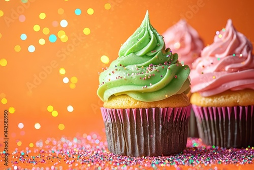 Obraz na płótnie Playful cupcakes frosted in lime green and pink tones, surrounded by colorful sparkles on a vibrant orange background. w salonie