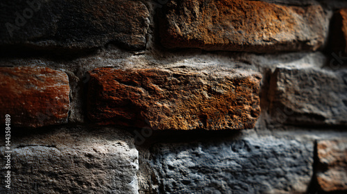 Close-up view of a weathered brick wall with varied tones