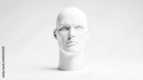 Male Mannequin Head, Minimalist Studio Setup, Clean Bright Lighting, High-Resolution, Front-Facing, Close-Up View, Serene Contemplation, White Background, Monochromatic Mood, Ideal for Fashion Design