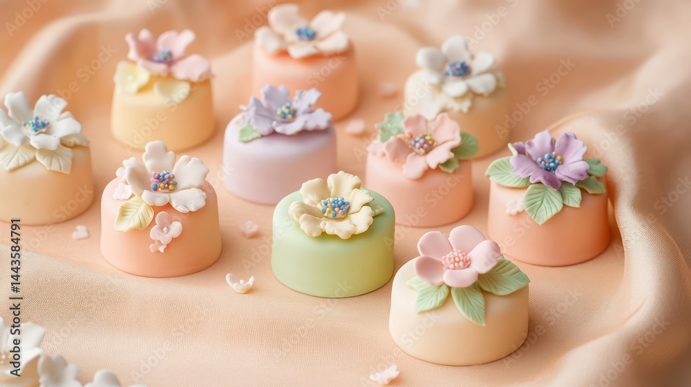 Small cakes adorned with blooming floral designs in pastel colors, displayed on a smooth peach canvas, radiating charm.