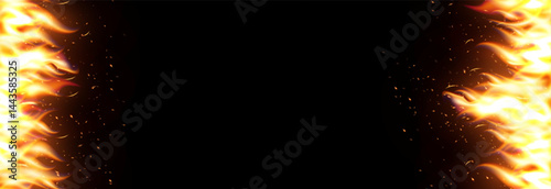 Burning flame border with glowing fire on both sides. Hot dramatic background with sparks, heat and fiery energy. Vertical banner frame. Vector illustration