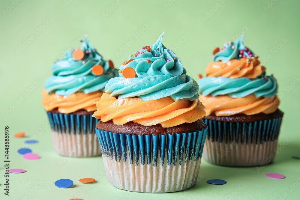 Stylish cupcakes topped with electric blue and orange frosting, scattered with playful confetti on a solid mint green background.