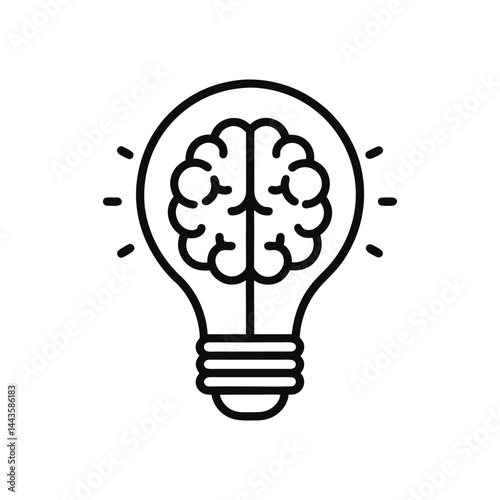 a brain inside light bulb icon in black outline vector on a white background
