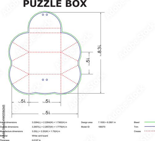 Puzzle Box Die Cut Template With Dimensions For Packaging Design And Manufacturing