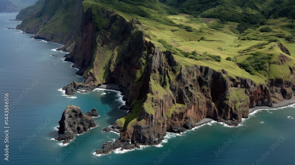 Fototapeta premium Stunning coastline with lush greenery and rocky cliffs under clear blue skies on a sunny day