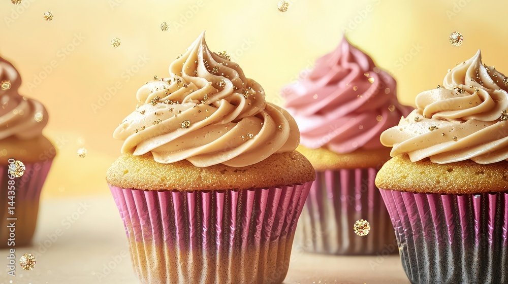 Stylish cupcakes with golden and magenta frosting swirls, accented by floating sparkles on a light yellow-to-orange gradient background.