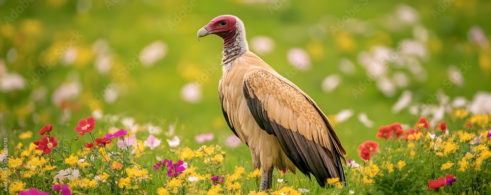 Naklejka premium Andean condor stands majestically in a colorful flower field