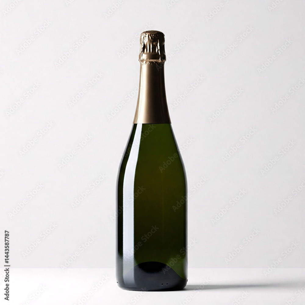 A green glass bottle of brut sparkling wine with a foil top, no label, A green glass bottle of brut sparkling wine with a foil top, no label,