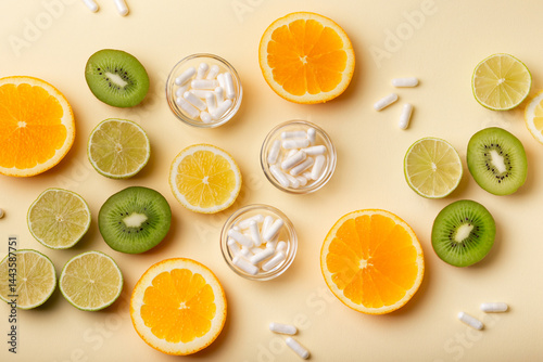 Fototapeta Naklejka Na Ścianę i Meble -  White vitamin C capsules and fruits such as kiwi, lime, lemon and orange as a natural source of vitamin C on beige background, top view. Natural vitamins and vitamin pills. Healthy lifestyle.
