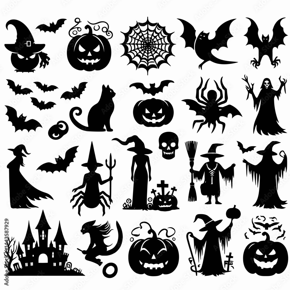 Fototapeta premium Halloween Silhouette Vector Icons - Spooky Collection
