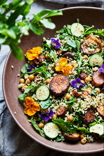 Vibrant Summer Couscous Salad with Edible Flowers & Roasted Veggies