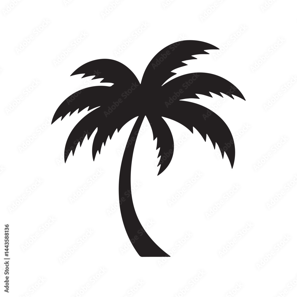 Obraz premium Coconut tree silhouette. Simple palm tree silhouette vector with curved tropical leaves