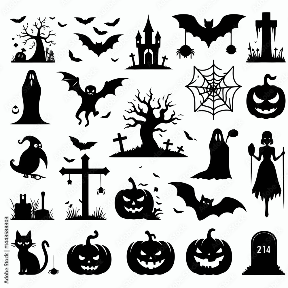 Fototapeta premium Halloween Silhouette Vector Icons: Spooky Icons for Design