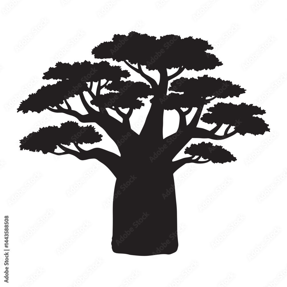 African baobab tree bold silhouette vector on white background. Tree Silhouette.