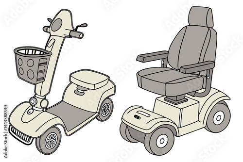 86 Mobility scooter, electric wheelchair, gray and beige colors, comfortable padded seat, adjustable armrests, front basket, control panel, large wheels, outdoor mobility aid, senior assistance device