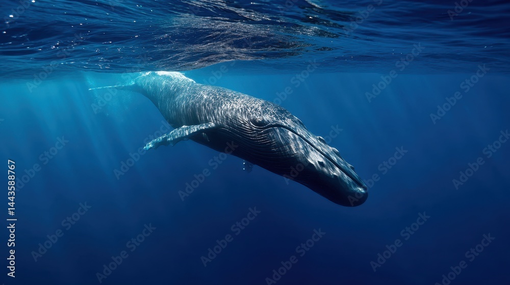 Naklejka premium Humpback Whale Swimming in Deep Blue Ocean