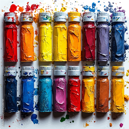 watercolor of Set Of Acrylic Paint Tubes With Mixing Palette, vector, isolated on a white background.